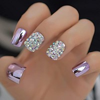 Coolnail Punk Purple Reflective Mirror Metal Plating False French Nail Tips Punk Metallic Ab Diamond Fake Nails For Women And Gi