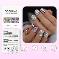 Coolnail Punk Purple Reflective Mirror Metal Plating False French Nail Tips Punk Metallic Ab Diamond Fake Nails For Women And Gi