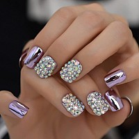 Coolnail Punk Purple Reflective Mirror Metal Plating False French Nail Tips Punk Metallic Ab Diamond Fake Nails For Women And Gi