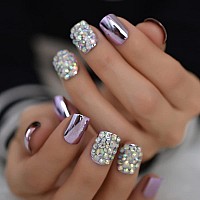 Coolnail Punk Purple Reflective Mirror Metal Plating False French Nail Tips Punk Metallic Ab Diamond Fake Nails For Women And Gi