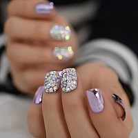 Coolnail Punk Purple Reflective Mirror Metal Plating False French Nail Tips Punk Metallic Ab Diamond Fake Nails For Women And Gi