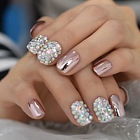 Coolnail Pink Metallic Sexy False Acrylic Nail Art Tips Light Pink Ab Rhinestones Decorative Mirror Shiny Short Artificial Nails