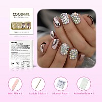 Coolnail Pink Metallic Sexy False Acrylic Nail Art Tips Light Pink Ab Rhinestones Decorative Mirror Shiny Short Artificial Nails