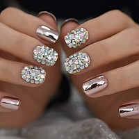 Coolnail Pink Metallic Sexy False Acrylic Nail Art Tips Light Pink Ab Rhinestones Decorative Mirror Shiny Short Artificial Nails