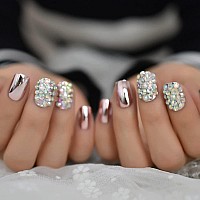 Coolnail Pink Metallic Sexy False Acrylic Nail Art Tips Light Pink Ab Rhinestones Decorative Mirror Shiny Short Artificial Nails