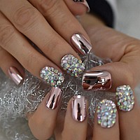 Coolnail Pink Metallic Sexy False Acrylic Nail Art Tips Light Pink Ab Rhinestones Decorative Mirror Shiny Short Artificial Nails