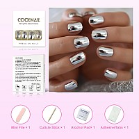 Coolnail 24Pcs Short Round Mirror Fake Nails Metallic Silver Full Cover Professional Fingernail Round Adult False Nails