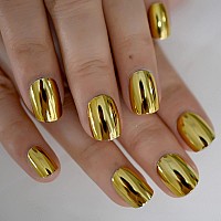 Coolnail Shiny Punk Style Metallic Gold Color Press On False Fake Nails Metal Plating Acrylic Short Reflective Mirror Golden Nai