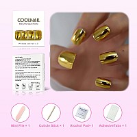 Coolnail Shiny Punk Style Metallic Gold Color Press On False Fake Nails Metal Plating Acrylic Short Reflective Mirror Golden Nai