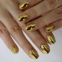 Coolnail Shiny Punk Style Metallic Gold Color Press On False Fake Nails Metal Plating Acrylic Short Reflective Mirror Golden Nai