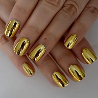 Coolnail Shiny Punk Style Metallic Gold Color Press On False Fake Nails Metal Plating Acrylic Short Reflective Mirror Golden Nai