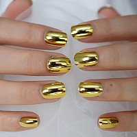 Coolnail Shiny Punk Style Metallic Gold Color Press On False Fake Nails Metal Plating Acrylic Short Reflective Mirror Golden Nai