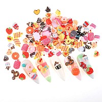 Weilusi 100Pcs Resin Kawaii Nail Charms Flat Back Fake Candy Slime Charms 3D Mixed Assorted Sweets Cake Mini Charms Rhinestones