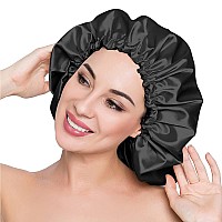 Elihair Silky Night Sleeping Cap Satin Bonnet For Curly Hair Adjustable Hair Bonnet Reversible Double Layer Xlarge Jet Black