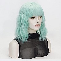 QACCF Mint Bob Wig Short Wavy Shoulder Length Women Full Bang Heat Resistant Wig (Mint)