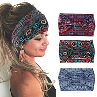 Gortin 3 Pack Boho Wide Headbands African Turban Head Bands Leopard Stretch Knotted Head Wraps Floral Elastic Yaga Hair Bands Sw