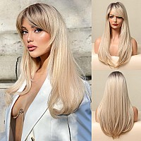 Honygebia Long Blonde Wig with Bangs - Ombre Dark Root Blonde Wigs for White Women, Striaght Wavy Synthetic Heat Resistant Hair, Natural Cute Wigs for Halloween/Christmas/Cosplay/Party