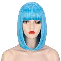 Aisi Beauty Blue Wig With Bangs Short Straight Blue Bob Wigs For Women 12 Inch Synthetic Colorful Wig For Cosplay Party