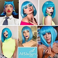 Aisi Beauty Blue Wig With Bangs Short Straight Blue Bob Wigs For Women 12 Inch Synthetic Colorful Wig For Cosplay Party