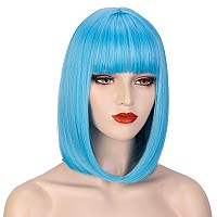 Aisi Beauty Blue Wig With Bangs Short Straight Blue Bob Wigs For Women 12 Inch Synthetic Colorful Wig For Cosplay Party