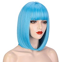 Aisi Beauty Blue Wig With Bangs Short Straight Blue Bob Wigs For Women 12 Inch Synthetic Colorful Wig For Cosplay Party