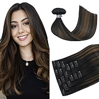 Huayi Clip In Human Hair Extensions Ombre Natural Black To Chestnut Brown Highlight Black 70G Thicken Double Weft Brazilian Hair