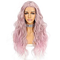 Sapphirewigs Synthetic Lace Front Wig Body Wave Heat Fiber Hair 24 Inch Purple Color With Pink Tips Long Wavy Wigs For Women Hal