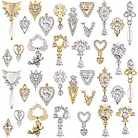 36 Pcs Luxury Nail Charms Torokom 3D Dangle Nail Art Rhinestones Gold Silver Heart Pearl Crystal Gems Nail Diamond For Girl Wom