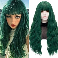 QACCF Long Green Wig Women Long Wavy Pelucas Fluffy Curly Heat Resistant Full Bang Girls Realistic Wig (Green)