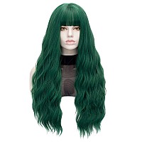 QACCF Long Green Wig Women Long Wavy Pelucas Fluffy Curly Heat Resistant Full Bang Girls Realistic Wig (Green)