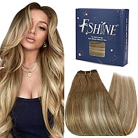 Fshine Ombre Sew In Hair Extensions Real Human Hair 18 Inch Chestnut Brown Fading To Platinum Blonde And Brown Weft Hair Extensi