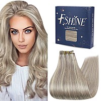 Fshine Grey Blonde Weft Real Human Hair 18 Inch Hand Tied Weft Hair Extension Dirty Blonde With Platinum Blonde Highlighted Sew