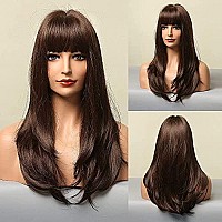 HAIRCUBE Dark Brown Wigs for Women Long Straight layered Wig with Bangs Heat Resistant Fiber Synthetic Wigs Daily Natural looking