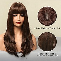 HAIRCUBE Dark Brown Wigs for Women Long Straight layered Wig with Bangs Heat Resistant Fiber Synthetic Wigs Daily Natural looking