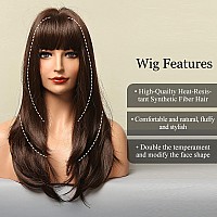 HAIRCUBE Dark Brown Wigs for Women Long Straight layered Wig with Bangs Heat Resistant Fiber Synthetic Wigs Daily Natural looking