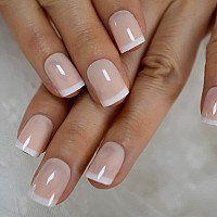 Coolnail Fashion Summer Short Nude Beige White French False Fake Nails Glossy Uv Press On For Girl Full Cover Wear Finger Nail A