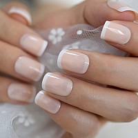 Coolnail Fashion Summer Short Nude Beige White French False Fake Nails Glossy Uv Press On For Girl Full Cover Wear Finger Nail A