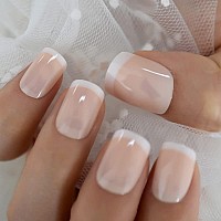 Coolnail Fashion Summer Short Nude Beige White French False Fake Nails Glossy Uv Press On For Girl Full Cover Wear Finger Nail A