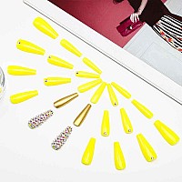 Outyua 3D Rhinstone Designer Press On Nails With Design Shimmer Coffin Extra Long Fake Nails Ballerina Pink Super Long False Nai