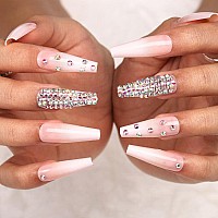 Outyua 3D Rhinstone Designer Press On Nails With Design Shimmer Coffin Extra Long Fake Nails Ballerina Pink Super Long False Nai