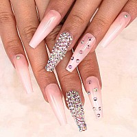 Outyua 3D Rhinstone Designer Press On Nails With Design Shimmer Coffin Extra Long Fake Nails Ballerina Pink Super Long False Nai