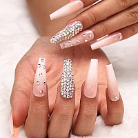 Outyua 3D Rhinstone Designer Press On Nails With Design Shimmer Coffin Extra Long Fake Nails Ballerina Pink Super Long False Nai