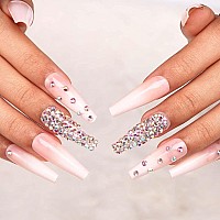 Outyua 3D Rhinstone Designer Press On Nails With Design Shimmer Coffin Extra Long Fake Nails Ballerina Pink Super Long False Nai