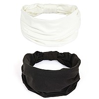 GILI 2 Pack Wide Headbands for Women Boho African Knotted Non Slip Fashion Hair Bands Yoga Running Sports Workout Gym Head Wraps Elastic Soft Cotton Cloth Turbans Bandana for Girls (White,Black)