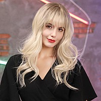 HAIRCUBE Platinum Blonde Wigs for Women Long wave Wigs with Bangs Heat Resistant Fiber Synthetic Wigs