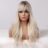 HAIRCUBE Platinum Blonde Wigs for Women Long wave Wigs with Bangs Heat Resistant Fiber Synthetic Wigs