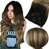 Full Shine Ombre Clip In Hair Extensions Real Human Hair 18 Inch Black To Chestnut Brown Mix Honey Blonde Balayage Human Hair Ex