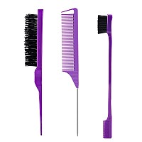 3 Pieces Styling Comb Set For Women Teasing Brush Rat Tail Comb Edge Brush For Slicking And Combing Hair Purple