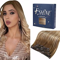 Blonde Clip In Hair Extensions Real Human Hair Fshine 16 Inch 120G 7Pcs Balayage Chestnut Brown With Platinum Blonde Straight N