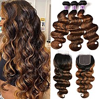 Unice Brown Highlight Body Wave Human Hair 3 Bundles With 4X4 Lace Closure Brazilian Remy Hair Ombre Human Hair Wavy Weaves Fb3